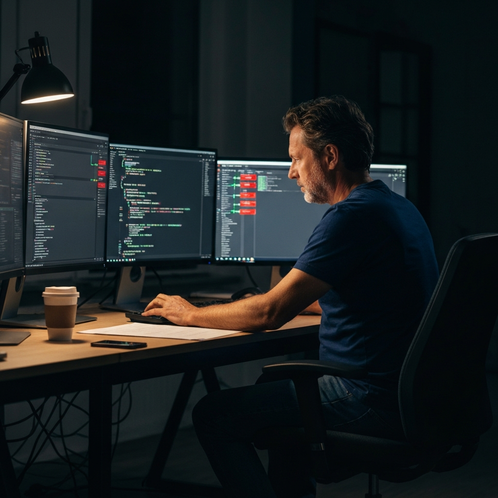 Software engineer building a healthcare AI system, reviewing code across multiple monitors in a dark office