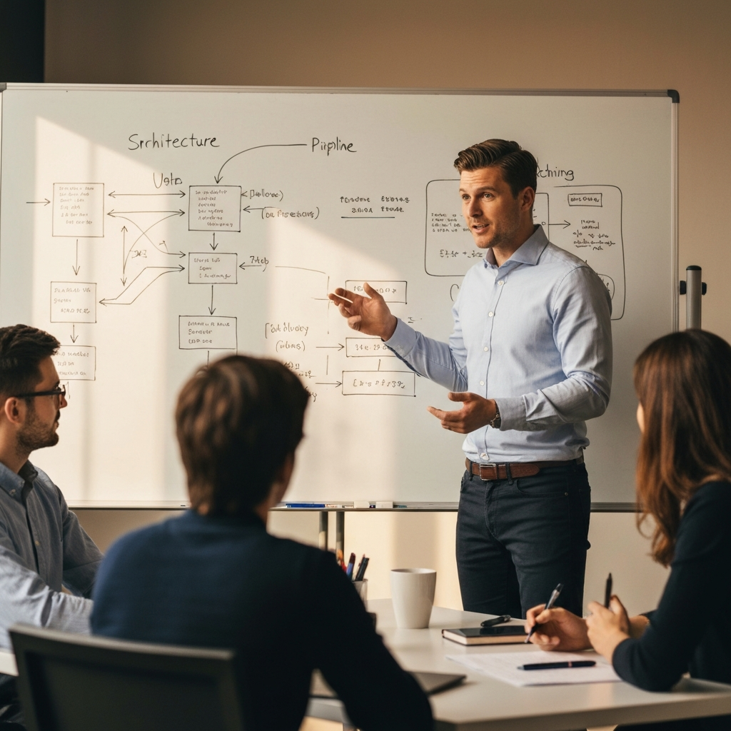 Healthcare operations engineers working through a system architecture and patient flow diagram on a whiteboard with a clinical operations team