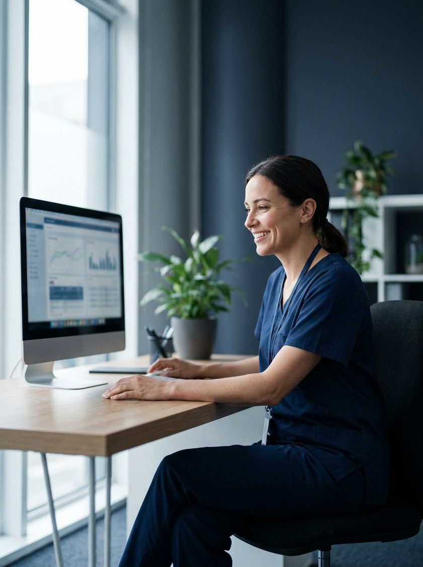 A nurse practitioner reviewing a patient chart on screen in a specialty clinic