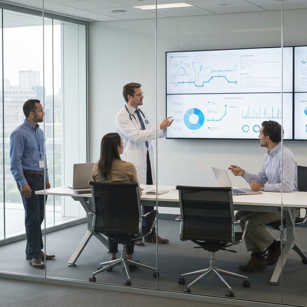 A healthcare operations team reviewing patient flow dashboards and workflow diagrams on wall screens in a provider organization office