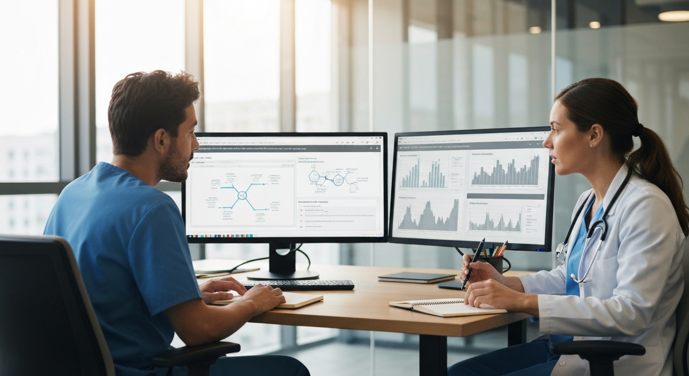 Software architect and doctor reviewing clinical AI system architecture on dual monitors in a modern hospital office