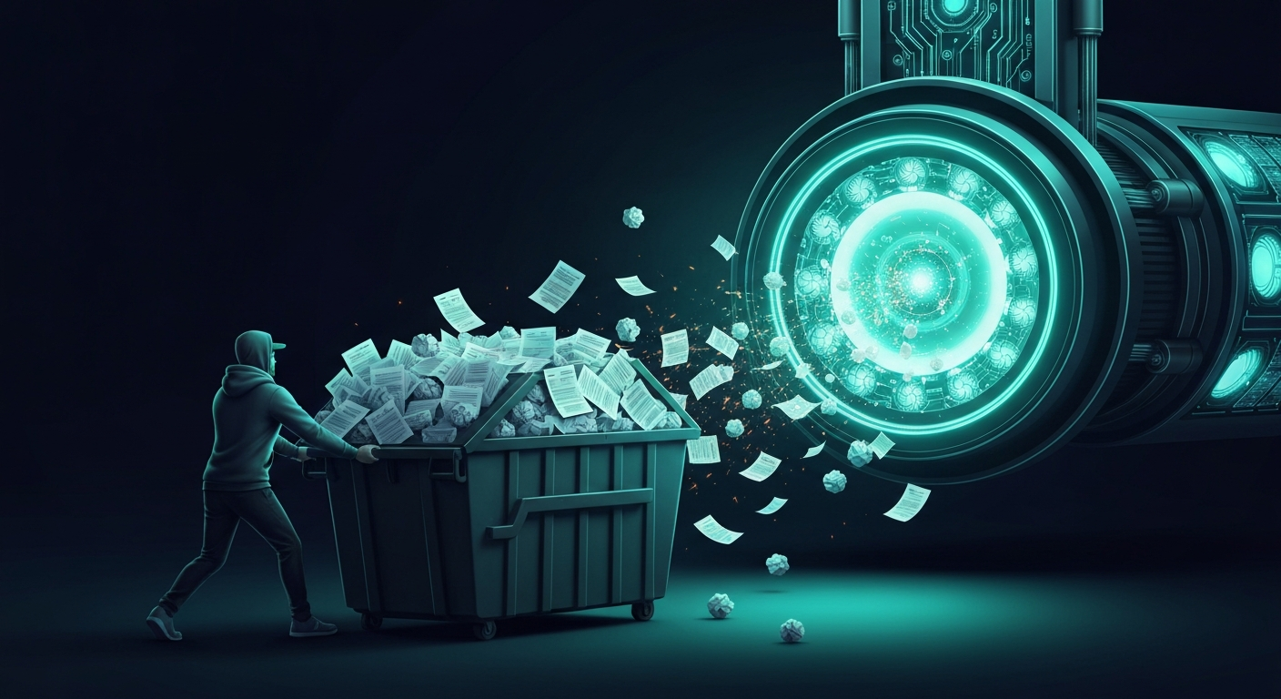 Editorial illustration: a software engineer pushing a dumpster overflowing with papers toward a glowing teal AI engine
