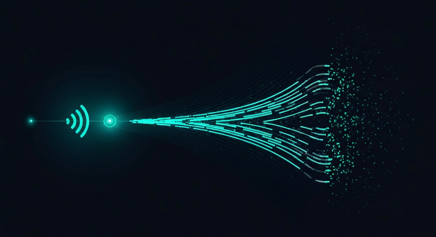 Abstract data flow visualization showing identical inputs diverging into multiple unpredictable output paths, representing non-deterministic clinical AI behavior