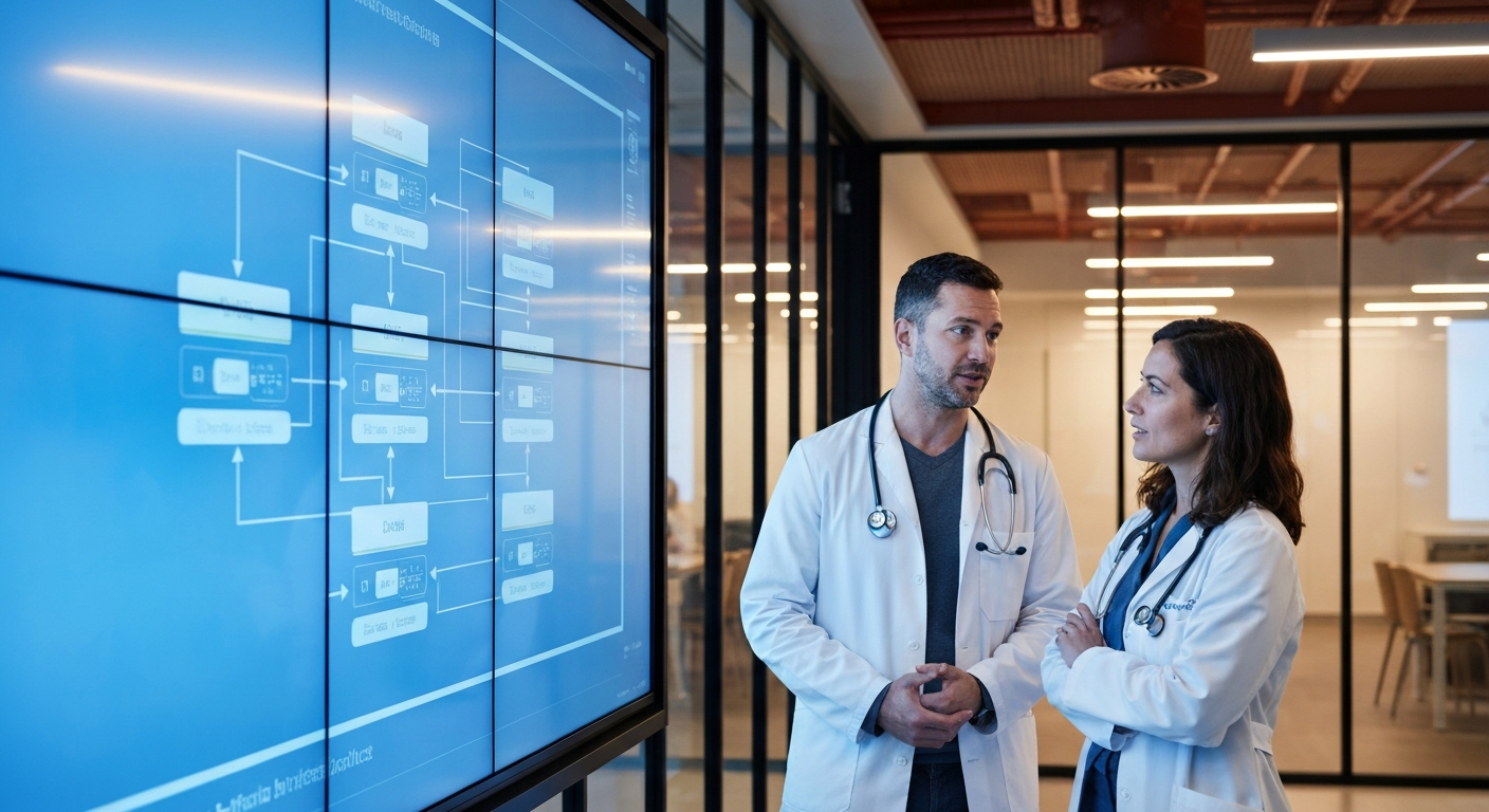 Two doctors reviewing a clinical AI system architecture diagram on a large wall-mounted display in a modern hospital innovation lab