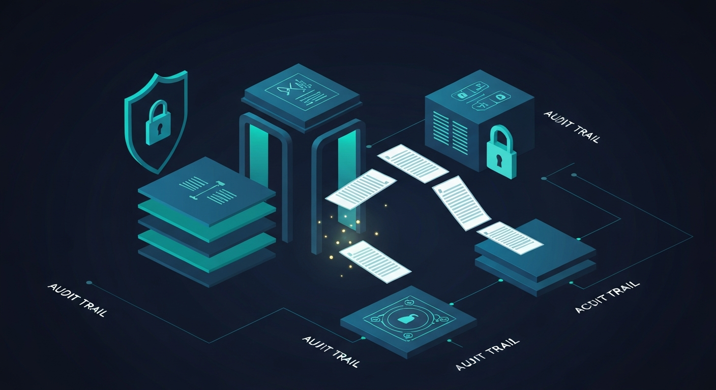 Abstract visualization of secure data flow through a clinical AI system with compliance checkpoints and audit trails