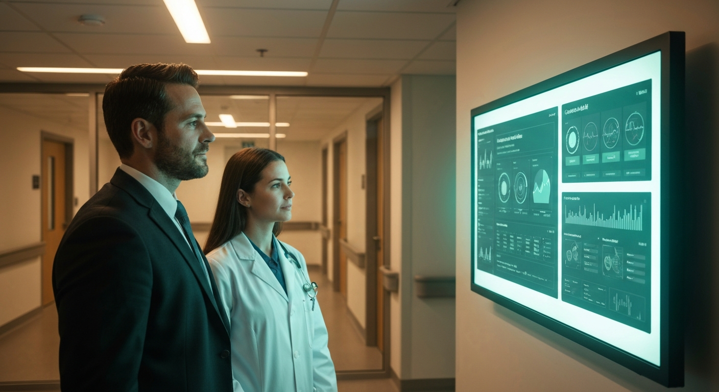 Abstract schematic of a hospital data vault surrounded by layered security shields, audit trails, and compliance checkpoints with teal accent lighting