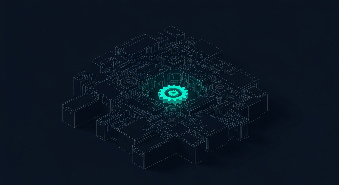 Editorial illustration: a small glowing teal gear at the center of a much larger machine sitting in shadow