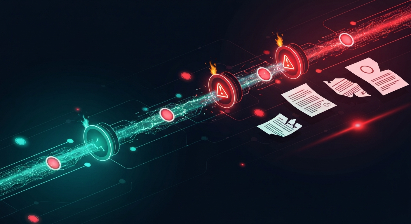 Abstract visualization of a corrupted retrieval pipeline with warning signals and medical data fragments