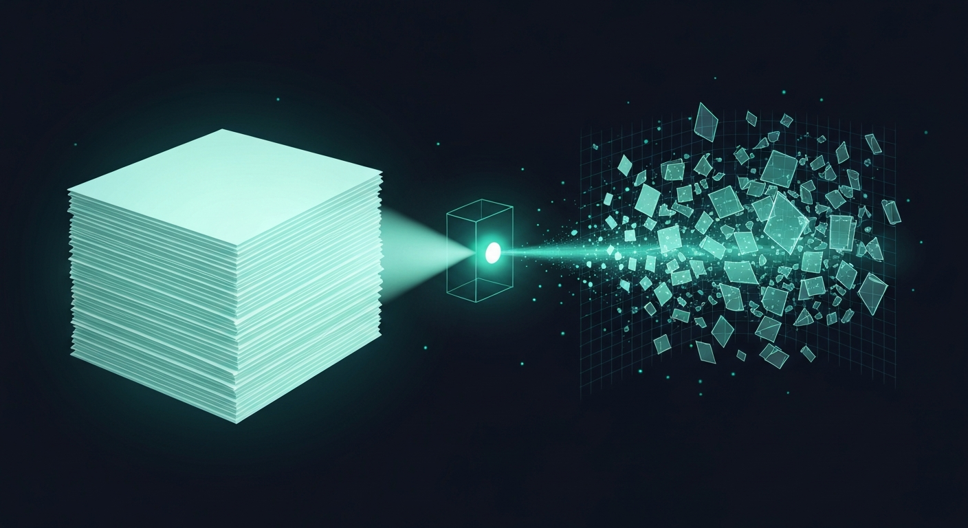 Abstract visualization of a pristine source document being transformed into a fragmented, refracted output — representing the gap between correct retrieval and incorrect interpretation
