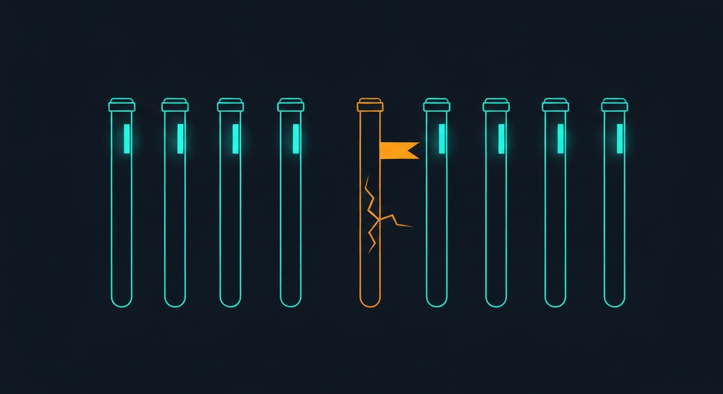Editorial illustration: a row of teal-glowing test pipelines with one amber flagged mid-stream