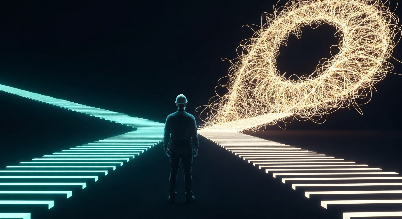 Cinematic illustration: a lone engineer standing at a junction where two paths diverge: a clean orderly path of structured blocks on one side and a dazzling tangled neon spiral on the other, against a dark navy background