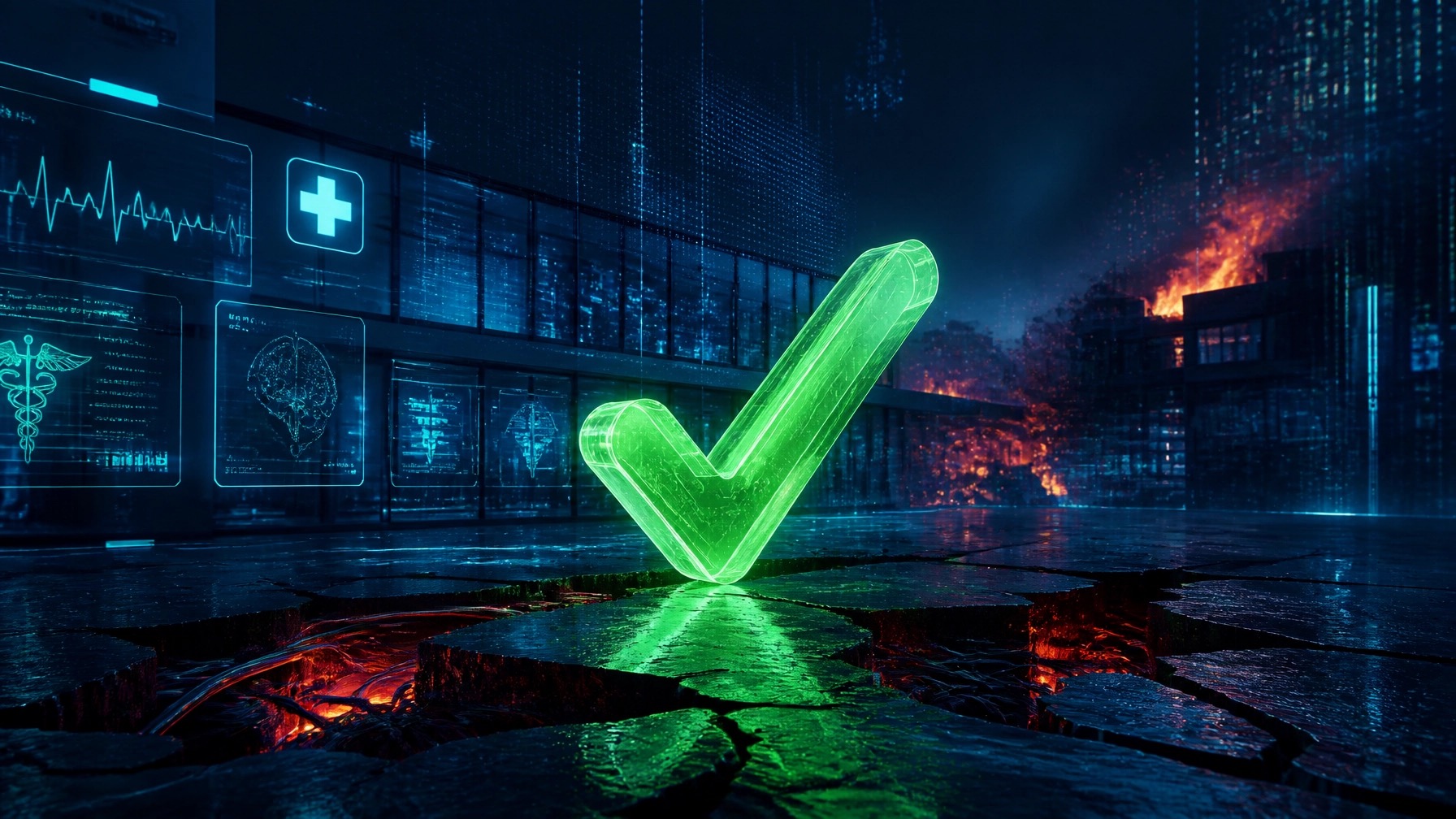 Editorial illustration: a glowing green checkmark standing over cracked ground with fire underneath in a healthcare data control room