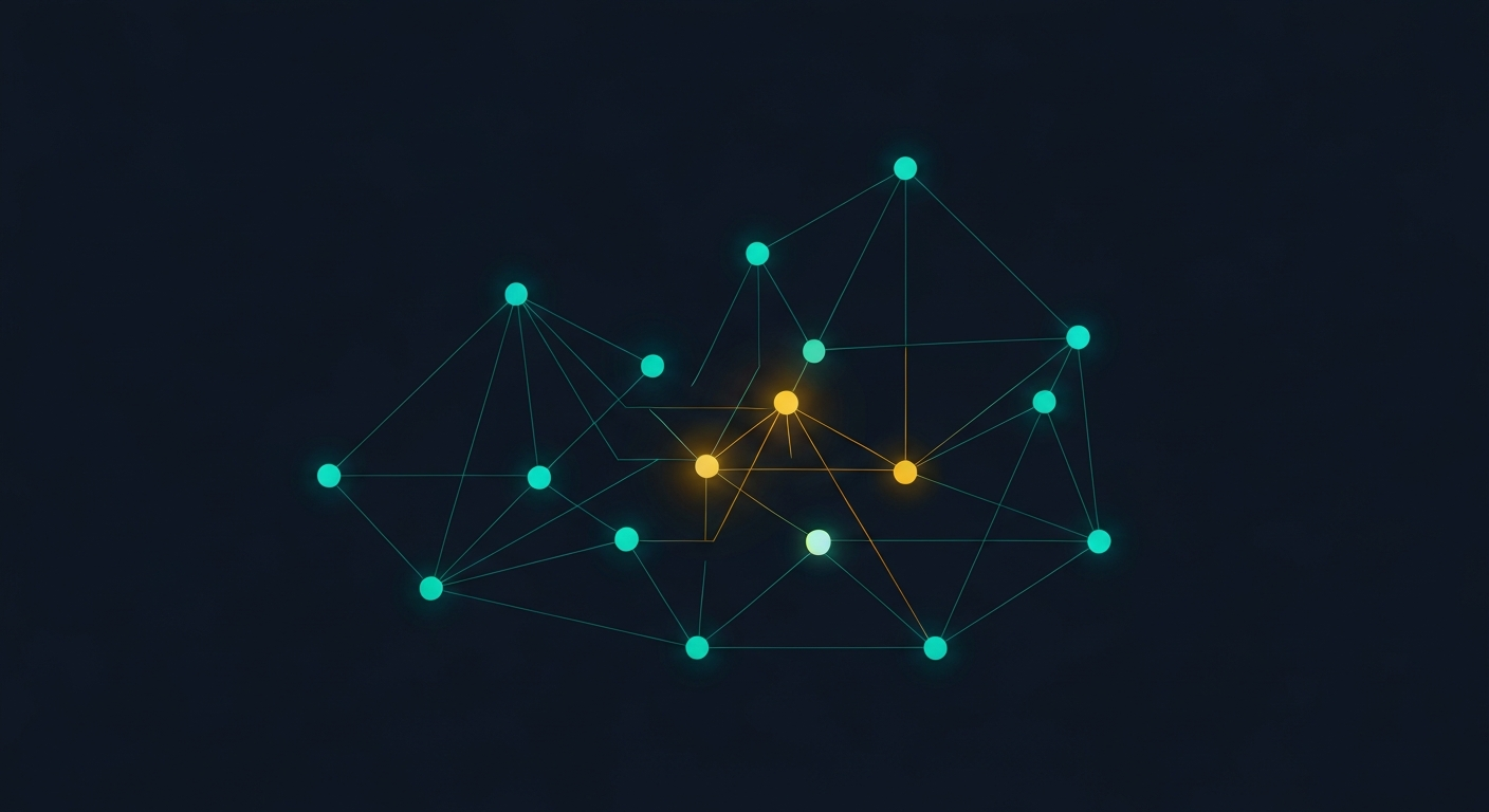 Editorial illustration: a network diagram of nodes and data flows with one node highlighted amber